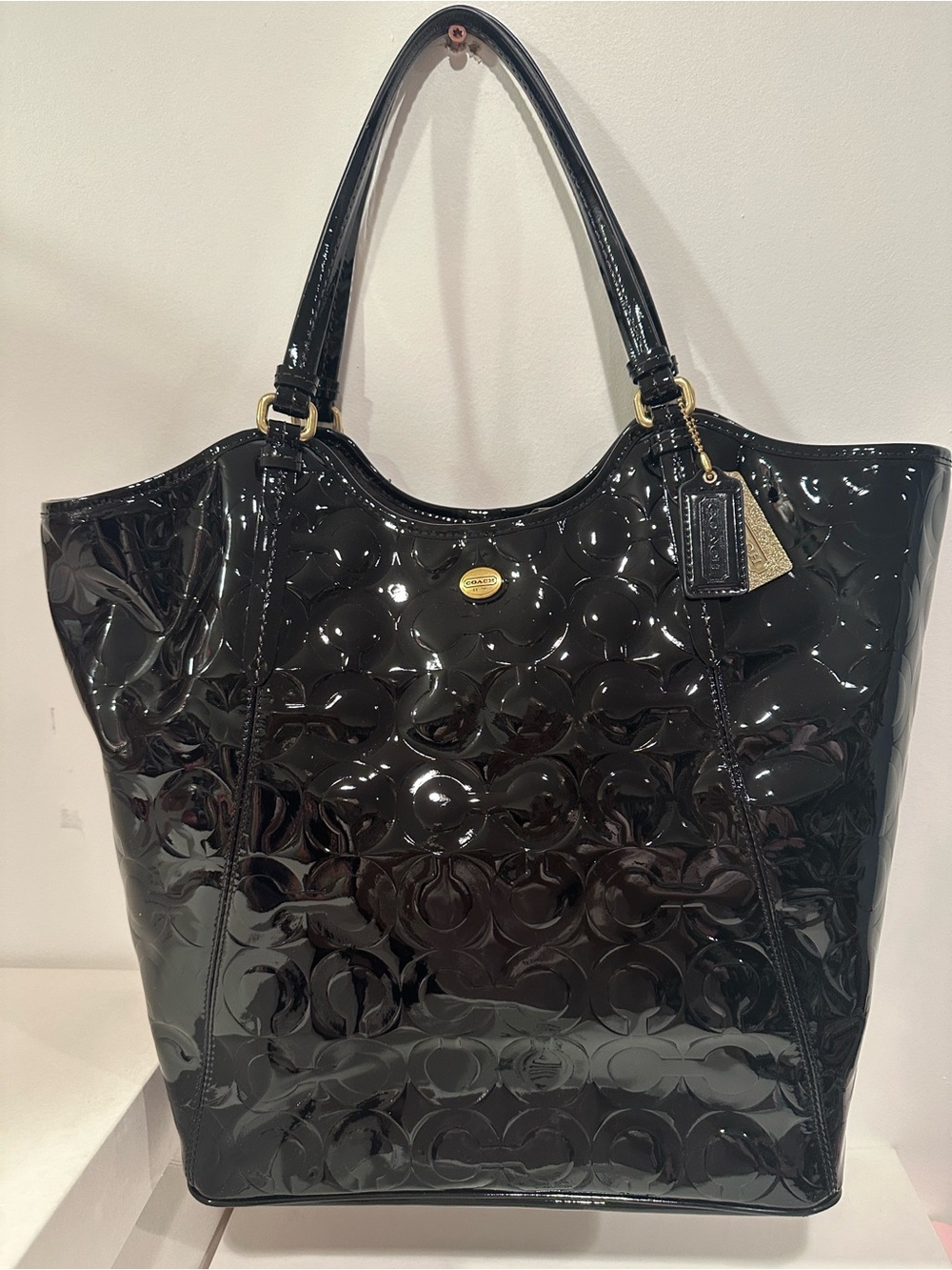 Coach Black Patent Leather Hobo Tote with Signature Embossing